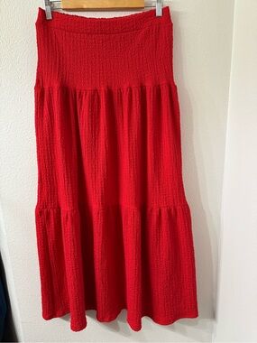 Timing Brand Red Tiered Maxi Skirt | Boho Cottagecore Elastic Waist | Size LG